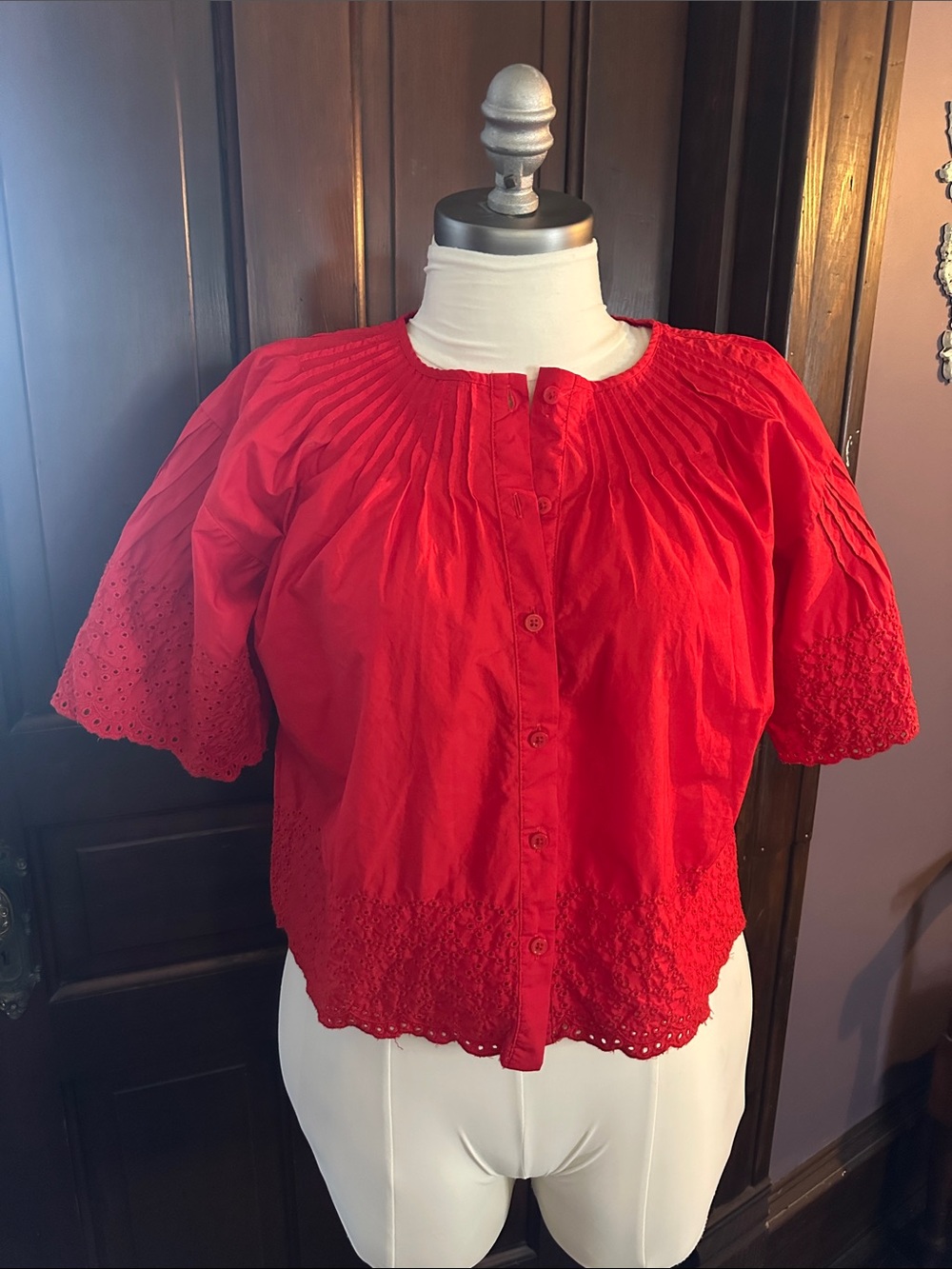 J. Crew Red Eyelet Button-Front Blouse